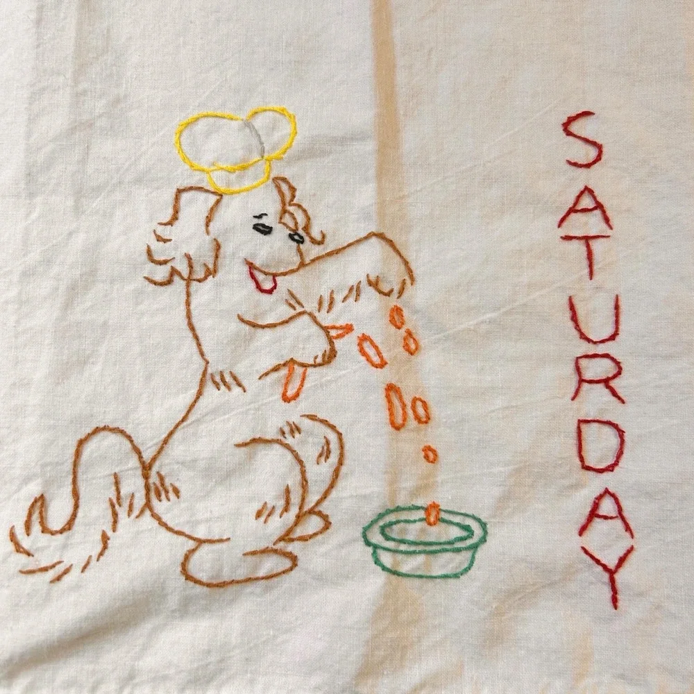 Unbranded Vintage Embroidered Dog Days of the Week Towels Set of 6 White‎